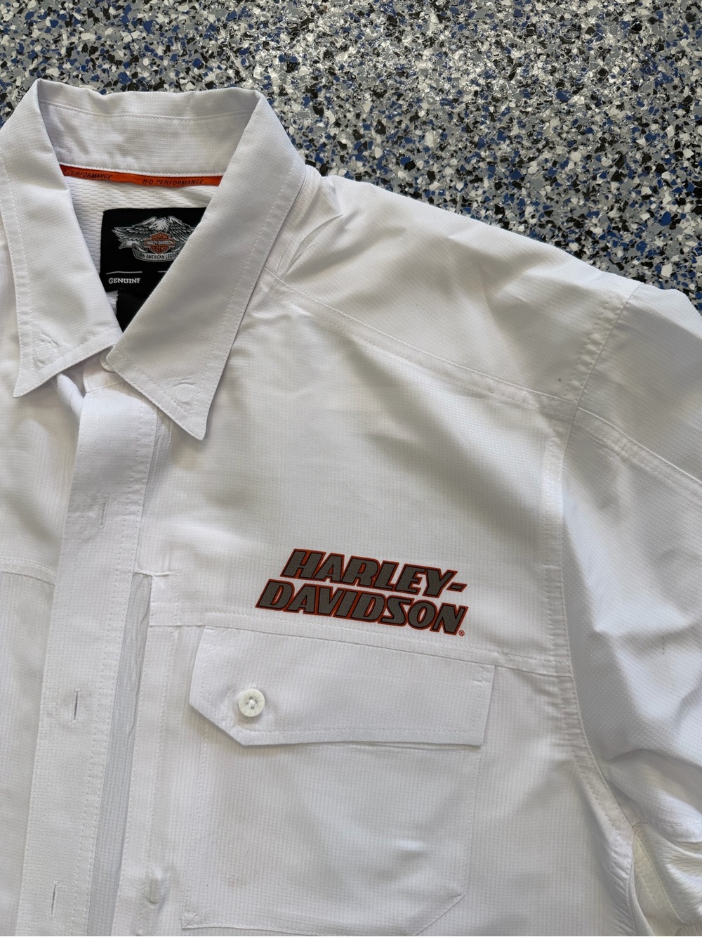 Harley-Davidson White Short-Sleeve Work Shirt with Orange Logo